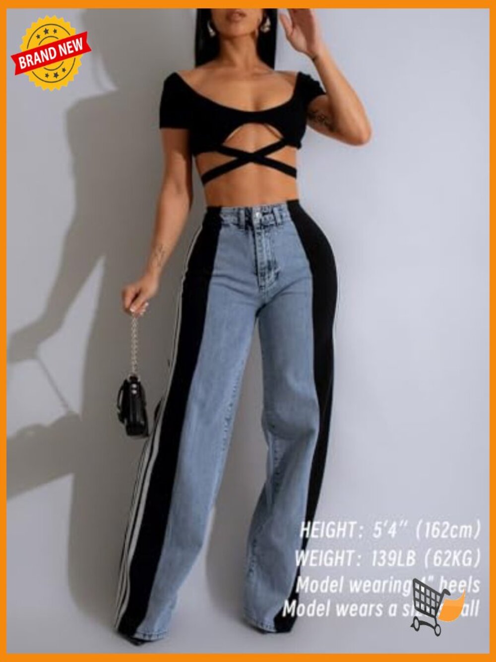 High Waisted Stretchy Wide Leg Jeans with Patchwork Stripes - Picture 5 of 7